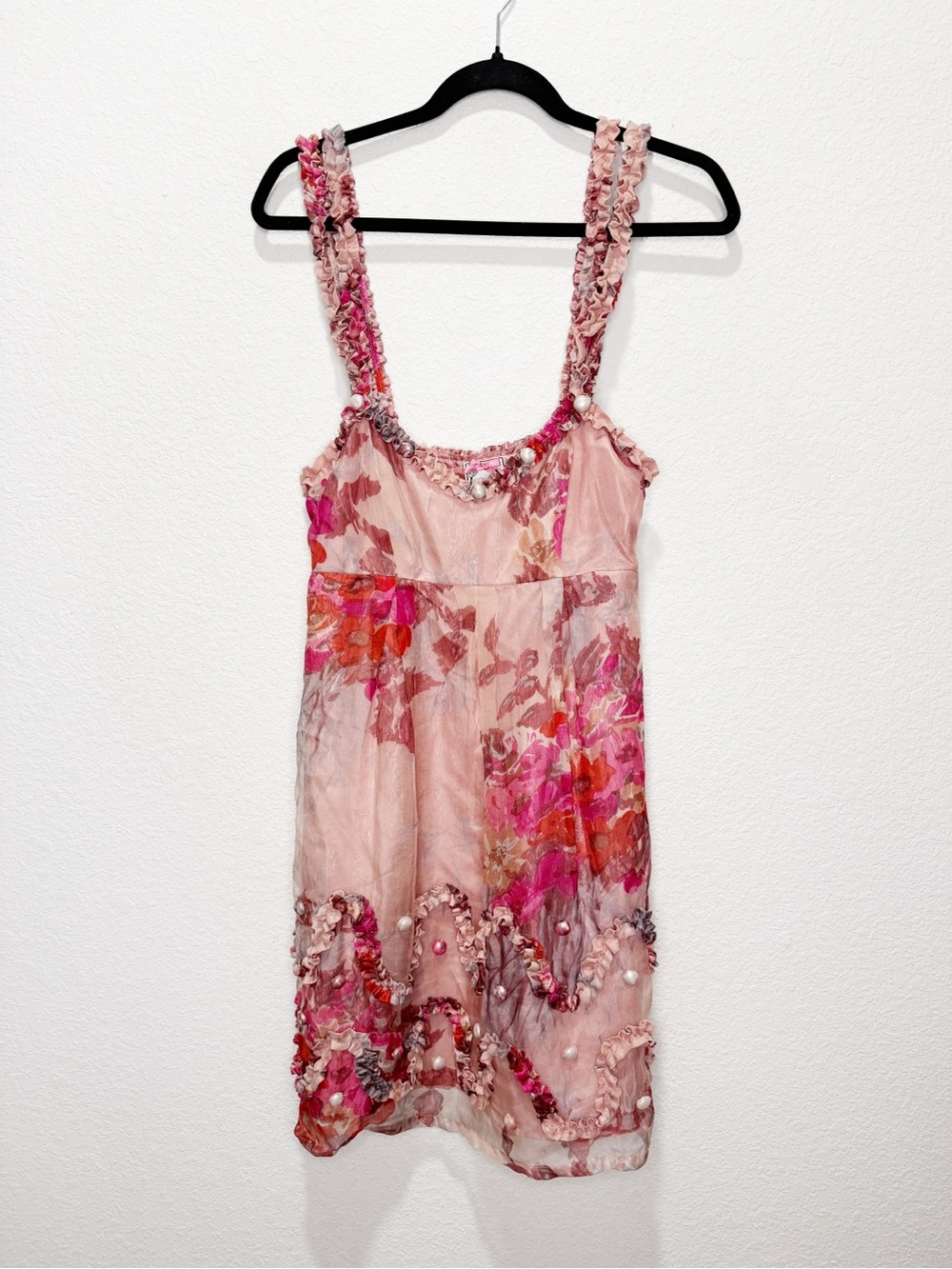 Yoana Baraschi Y2K Vintage Silk Babydoll Ruffle Pearl Floral Dress Anthropologie - Picture 2 of 9
